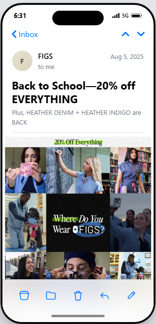 August newsletter ideas: An email from FIGS offers 20% off everything for back to school, showing diverse people in scrubs and medical gear, with a banner reading “20% Off Everything.”.
