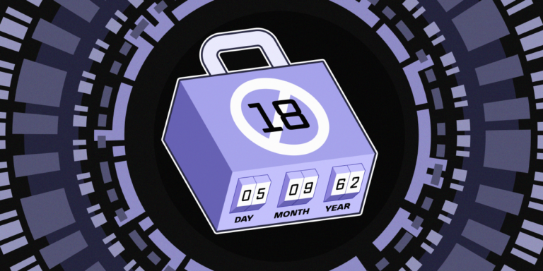 Purple padlock with an 18+ only symbol and a combination lock requiring DOB