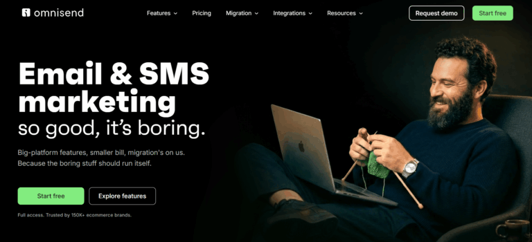 Postscript alternatives: A bearded man smiles while knitting and using a laptop. The text reads: “Email & SMS marketing so good, it’s boring.” Two green buttons say “Start free” and “Explore features.”.