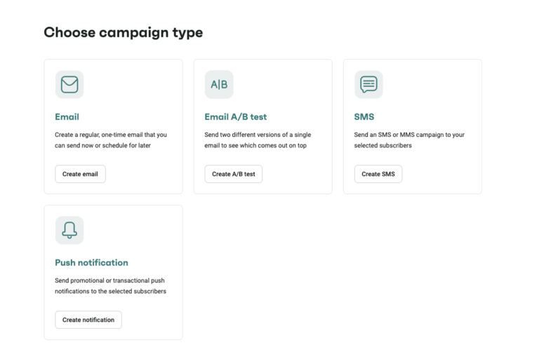 SMS flow: A web page titled Choose campaign type displays four options: Email, Email A/B test, SMS, and Push notification, each with a short description and a button to create the selected campaign type.