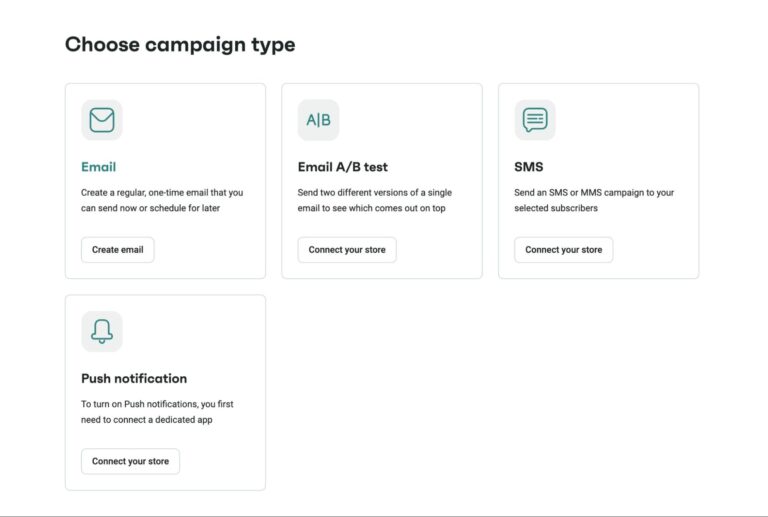 Omnisend vs Postscript: A user interface screen titled Choose campaign type displays four campaign options: Email, Email A/B test, SMS, and Push notification. Each option has an icon, brief description, and a button to create or connect.