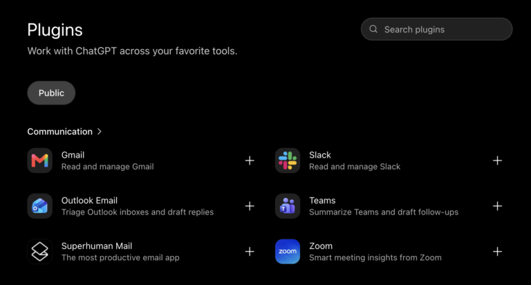 ChatGPT Plugins screen showing Gmail and Outlook Email under the Communication category